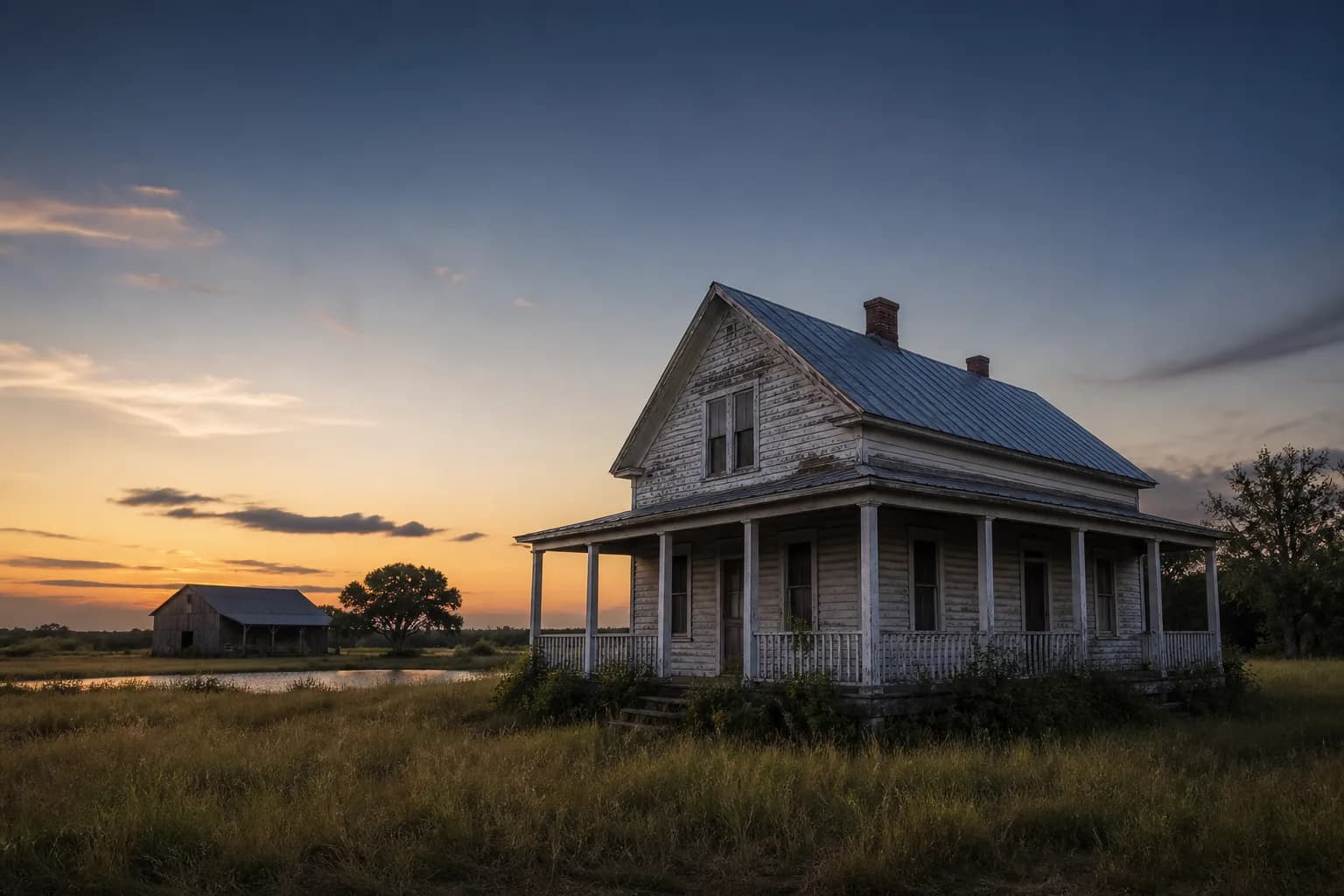 Weathered historic Florida farmhouse with barn and pond on rural acreage at dusk, illustrating unsold rural land listings