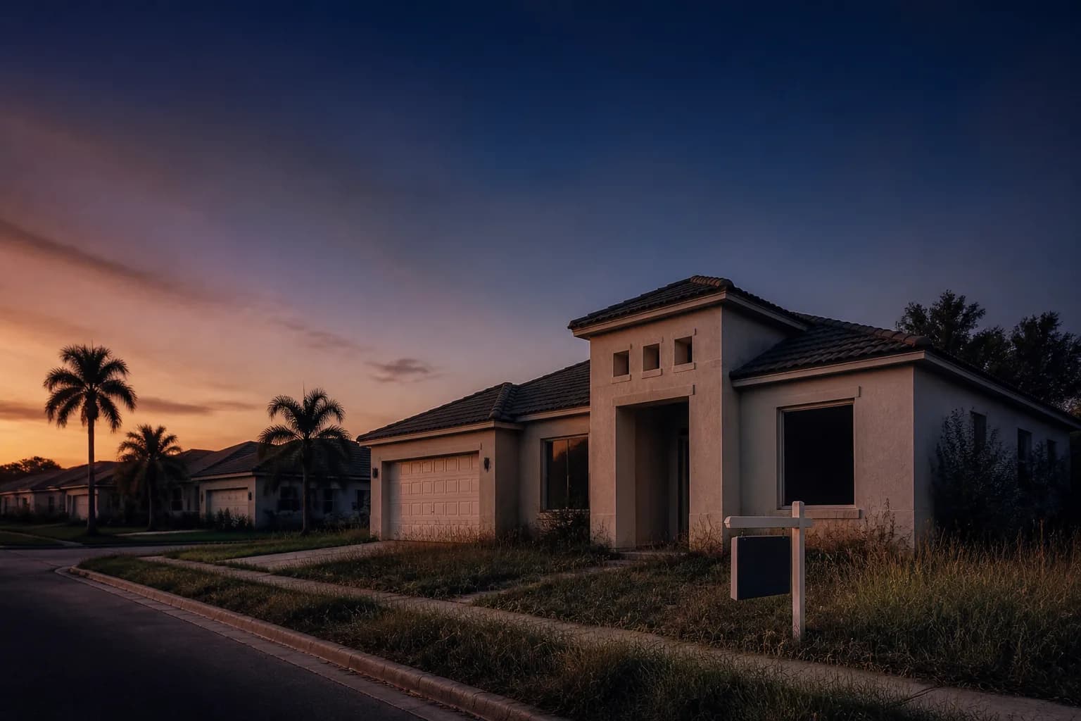 Suburban Florida home with overgrown lawn symbolizing rising foreclosures and falling home values in 2026