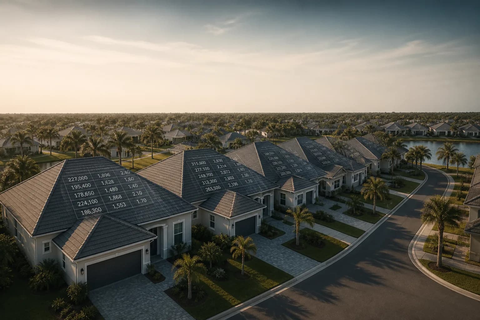 Aerial illustration of identical Florida suburban homes representing unequal property tax assessments under the Save Our Homes cap