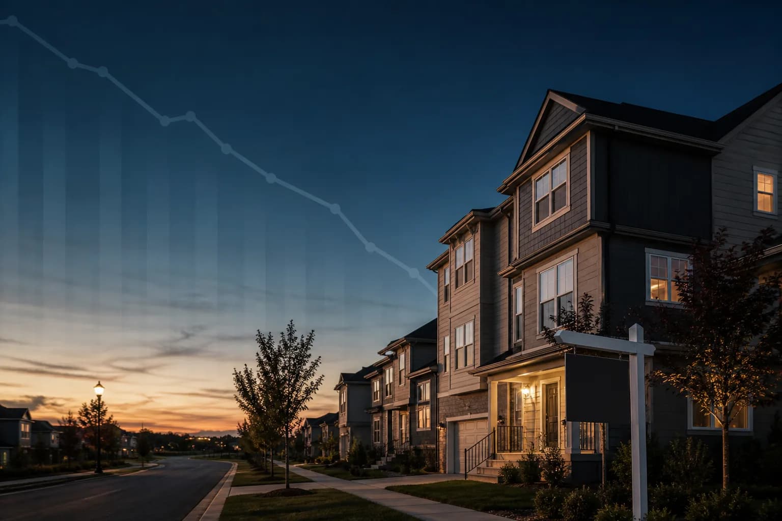 Suburban townhouse with a for-sale sign at dusk, symbolizing the slowdown in mortgage originations and home sales
