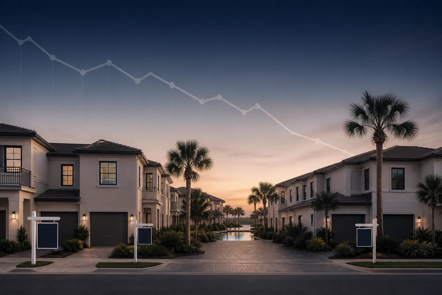 Rows of Florida short-term rental townhomes with for-sale signs, illustrating Airbnb host profit losses in 2026