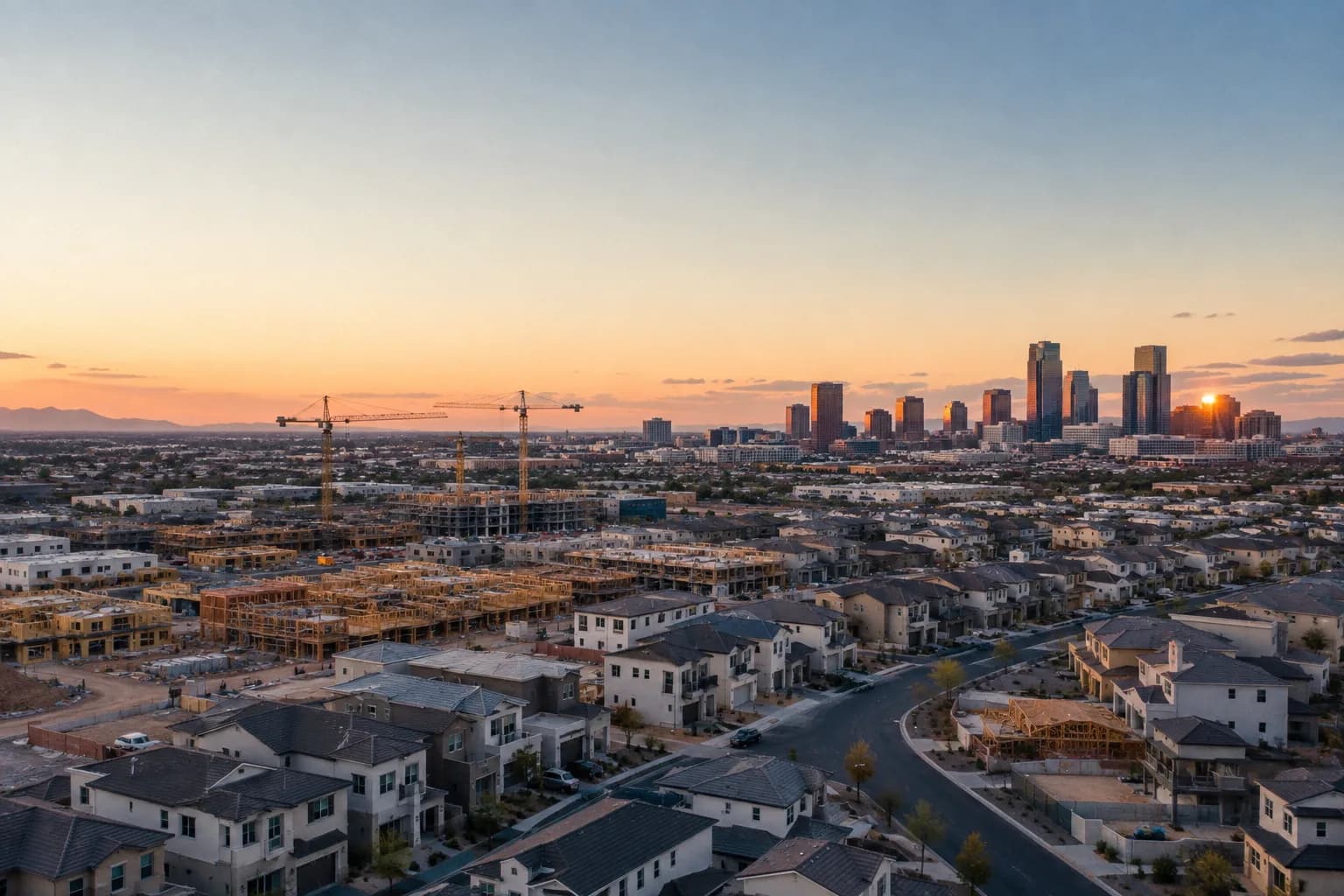 Aerial view of a fast-growing Sunbelt city with new suburban housing developments spreading outward at dusk