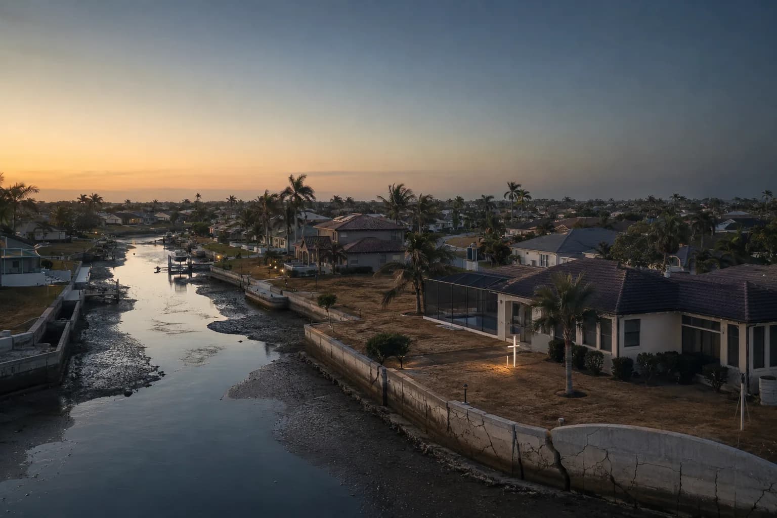 Aerial view of a Florida canal-front neighborhood with low water levels, symbolizing falling home prices and water stress in 2026.