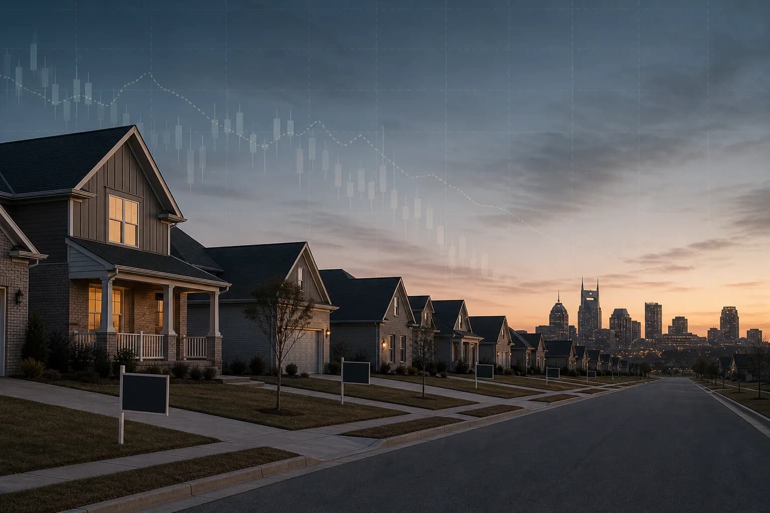 Suburban Nashville homes at dusk symbolizing rising price cuts in the 2026 local housing market