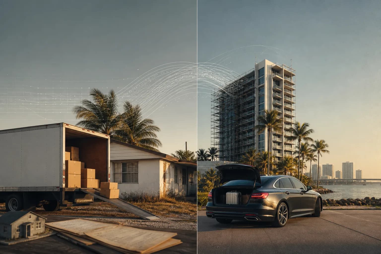 Illustration of Florida homes and a coastal condo tower representing residents leaving amid rising insurance and assessment costs