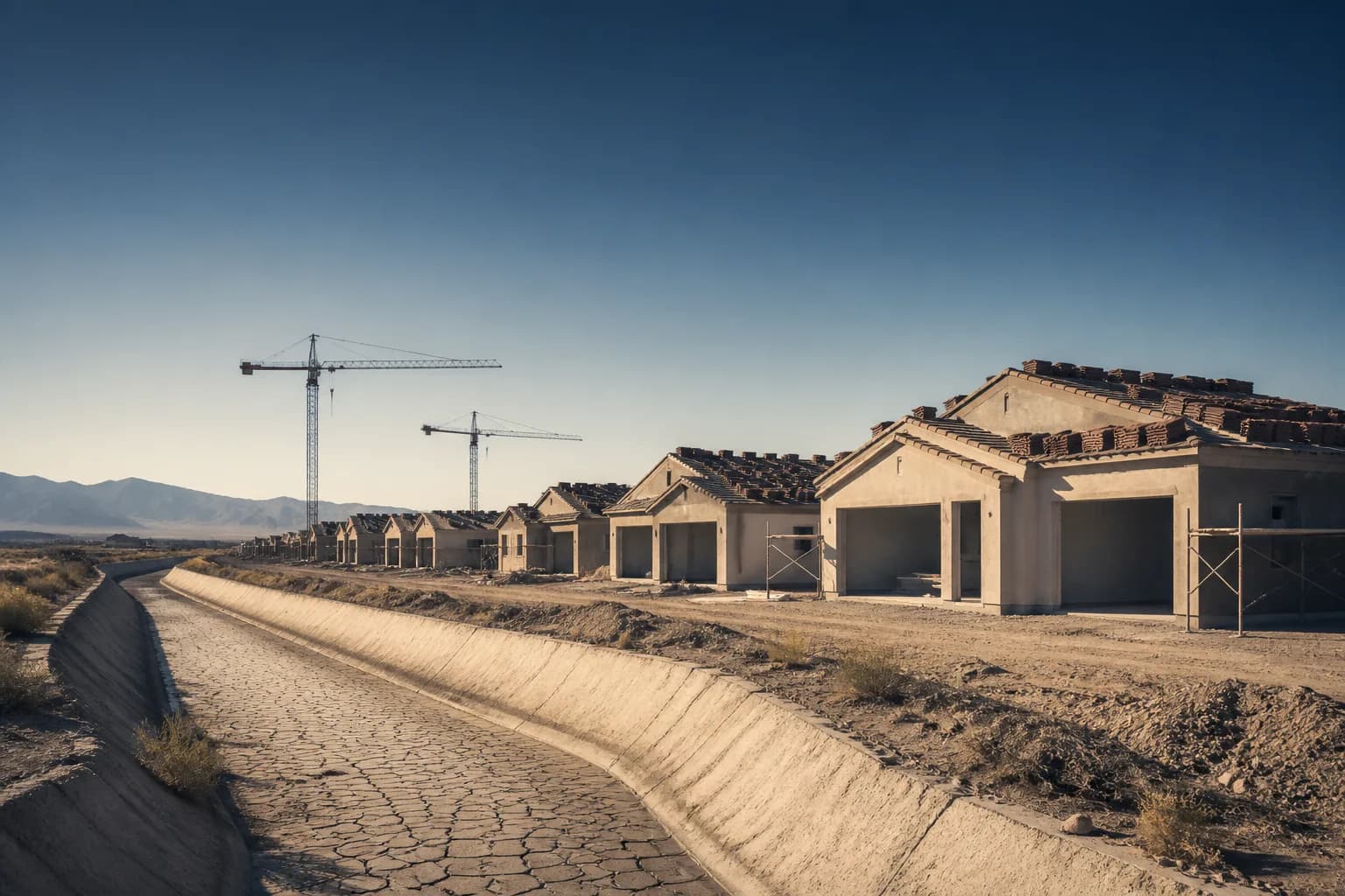 Half-built desert subdivision homes beside a dry irrigation canal, illustrating Arizona water restrictions on new construction