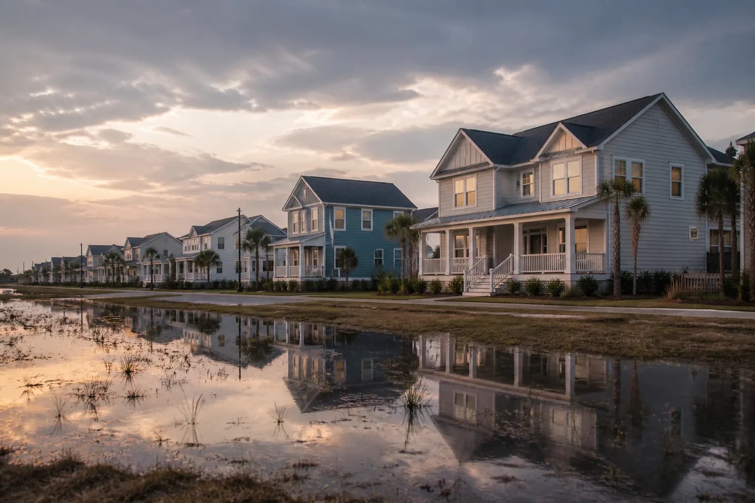 Suburban Carolina homes with standing water in the yard, symbolizing flood risk and oversupply in 2026 housing markets