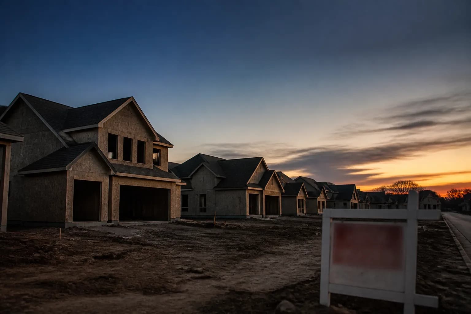 Unfinished new-construction homes in a Georgia exurb subdivision reflecting builder price cuts and rising inventory