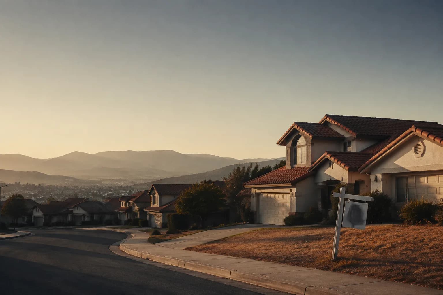 Quiet suburban California street with a for-sale sign, illustrating uneven 2026 home price declines across the state