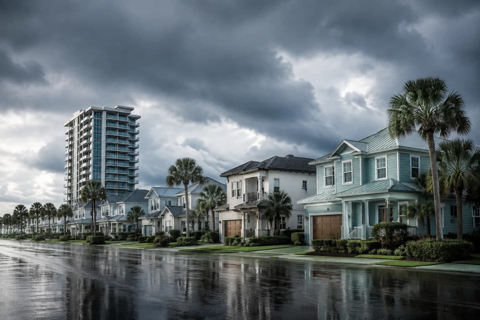 Florida homes and a coastal condo tower under gathering clouds, symbolizing insurance and flood risk for 2026 buyers