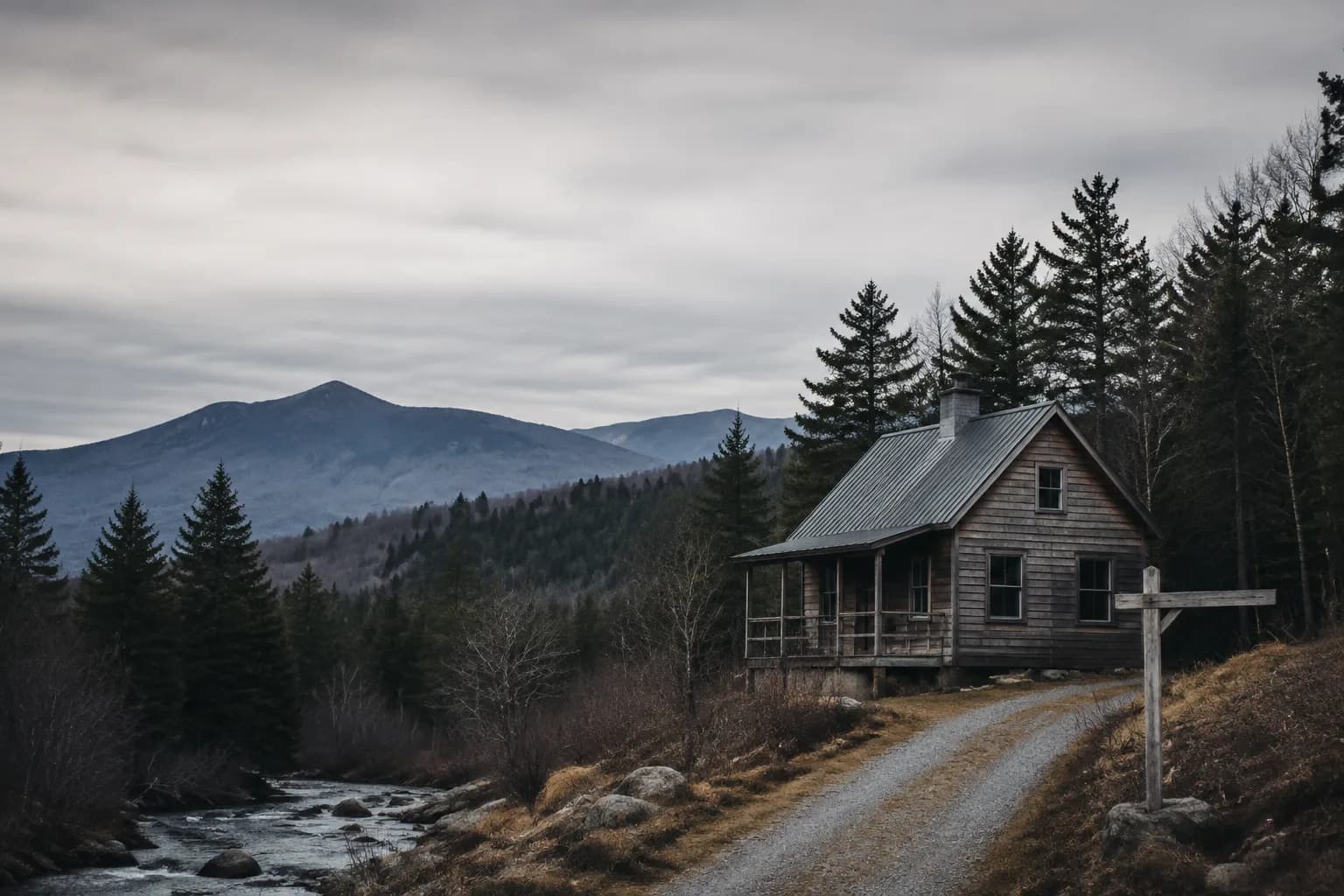 Small rural New Hampshire cabin on wooded land beside a brook, illustrating stale listings unsold in September 2026